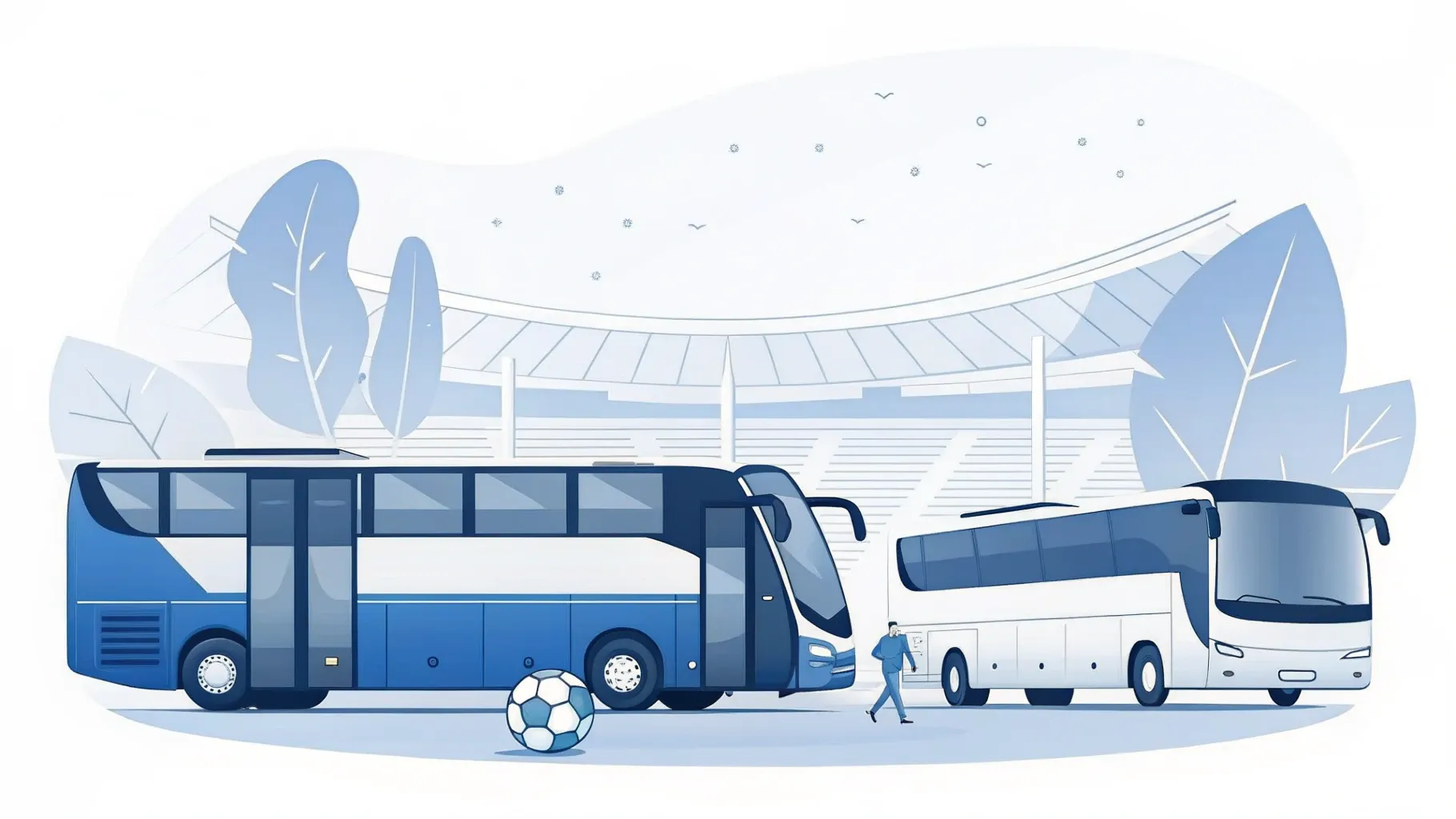 Illustration: Mannschaftsbus am Fußballplatz, im Vordergrund ein Ball auf dem Rasen