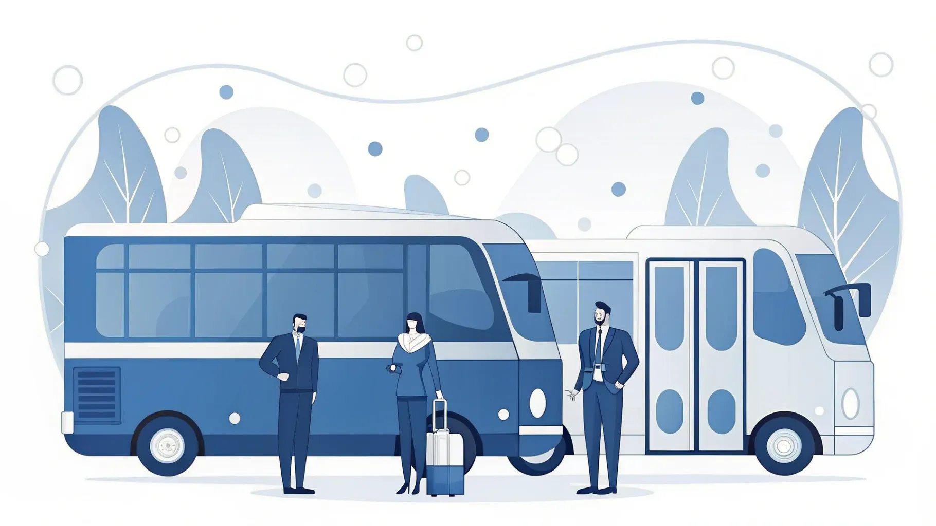 Illustration: Reisebus in einer Waschanlage mit großen rotierenden Bürsten und Seifenblasen